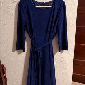 NWOT Navy Blue Sparkle Belted Long Sleeve Midi Dress